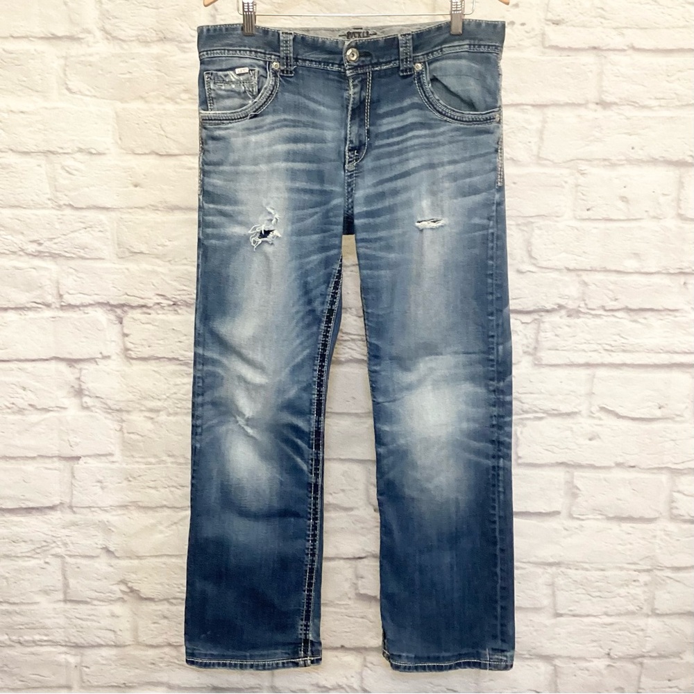 Buckle Black 33 Tag 11 Fit Measures 35x30 Men’s Straight Jeans Hemmed Distressed